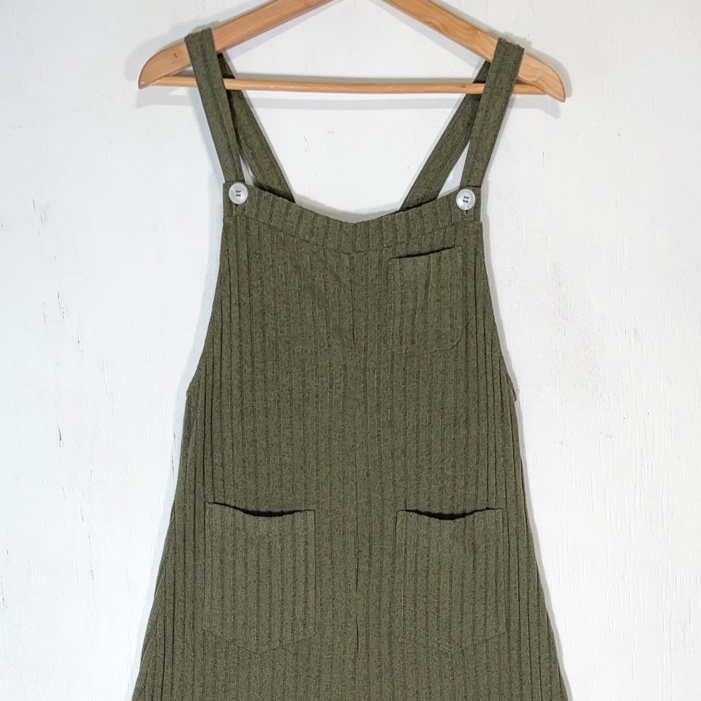 Halara Ribbed Knit Pockets Casual Overalls Womens M Moss Green Floral Velvet